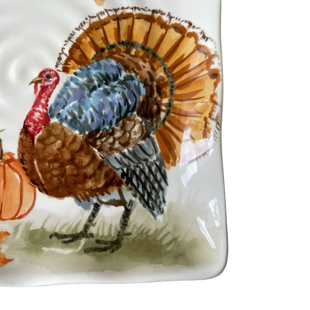 MAXCERA Thanksgiving Turkey Pumpkin Dinner Plates 11in Square Ceramic Set of 3